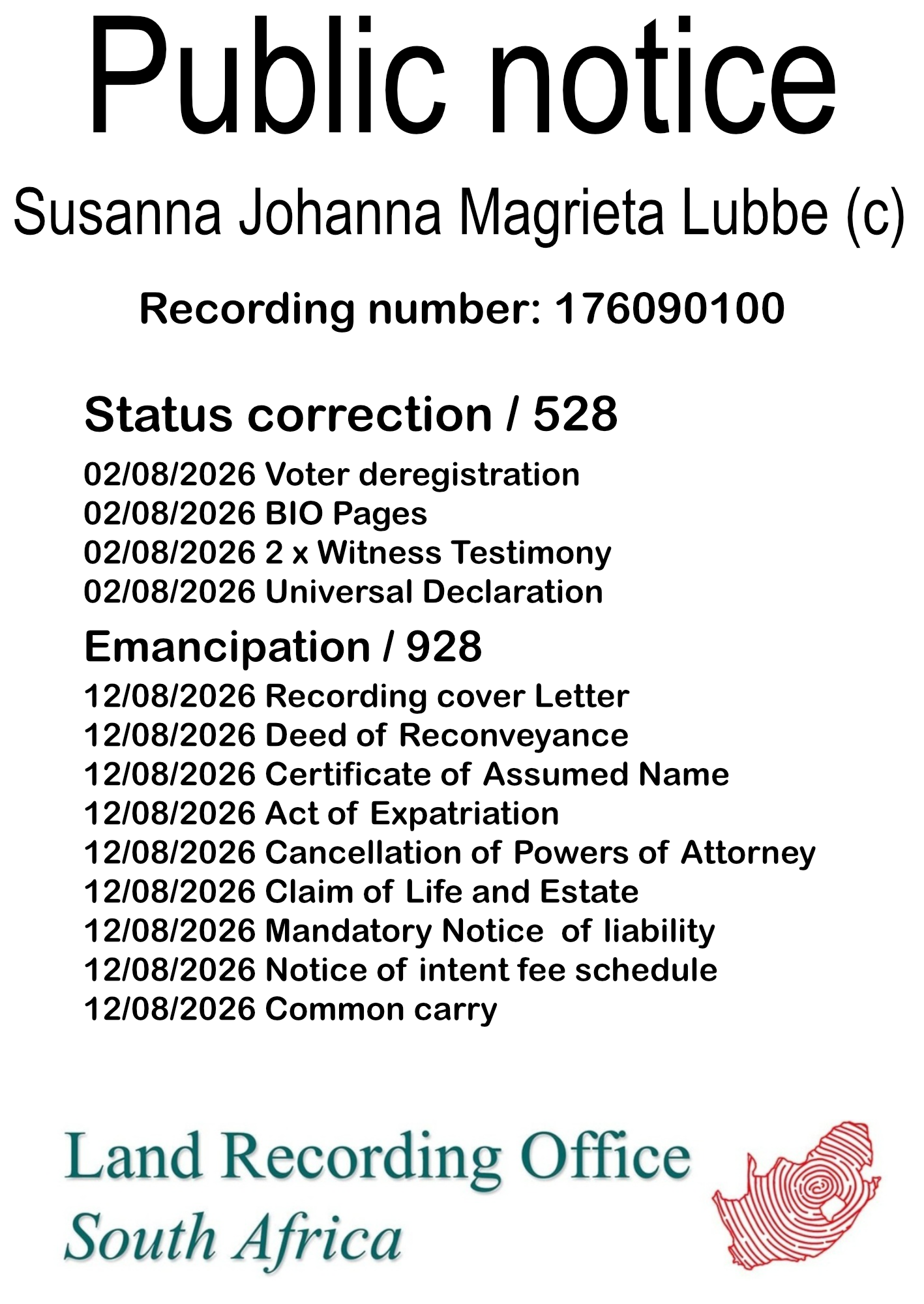 Public notice Susanna Johanna Magrieta Lubbe Recording number 176090100
